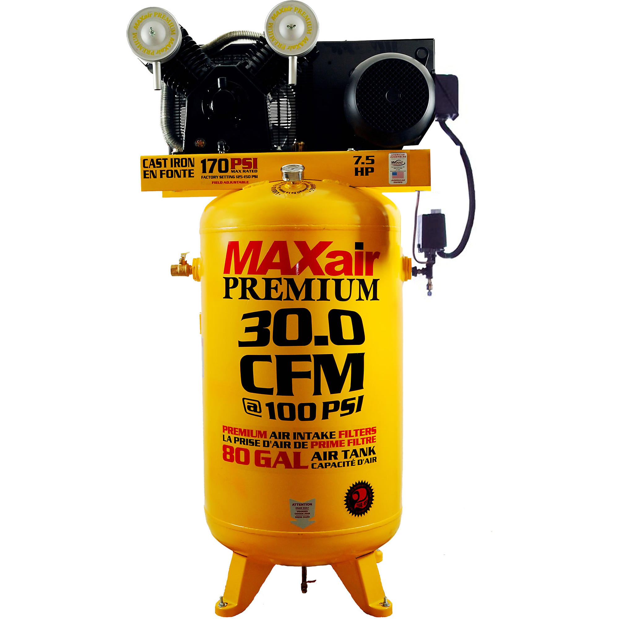 MAXair Premium Air Compressor - 30 CFM, 80-Gallon Tank, 7.5 HP, 170 PSI, Cast Iron Pump, Model# C7380V1-CS2-MAP